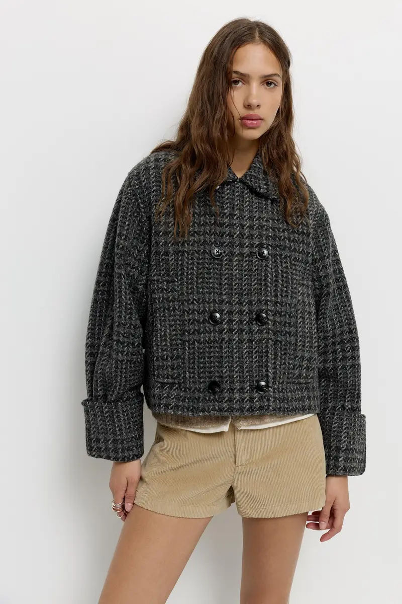 Cappotto Corto Di Stoffa A Quadri Tonalità del grigio