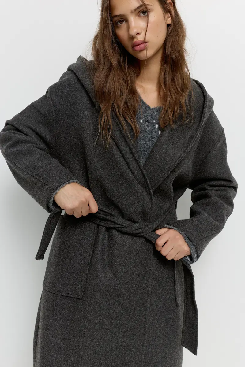 Cappotto Lungo In Panno Con Cappuccio Grigio antracite miniatura 3
