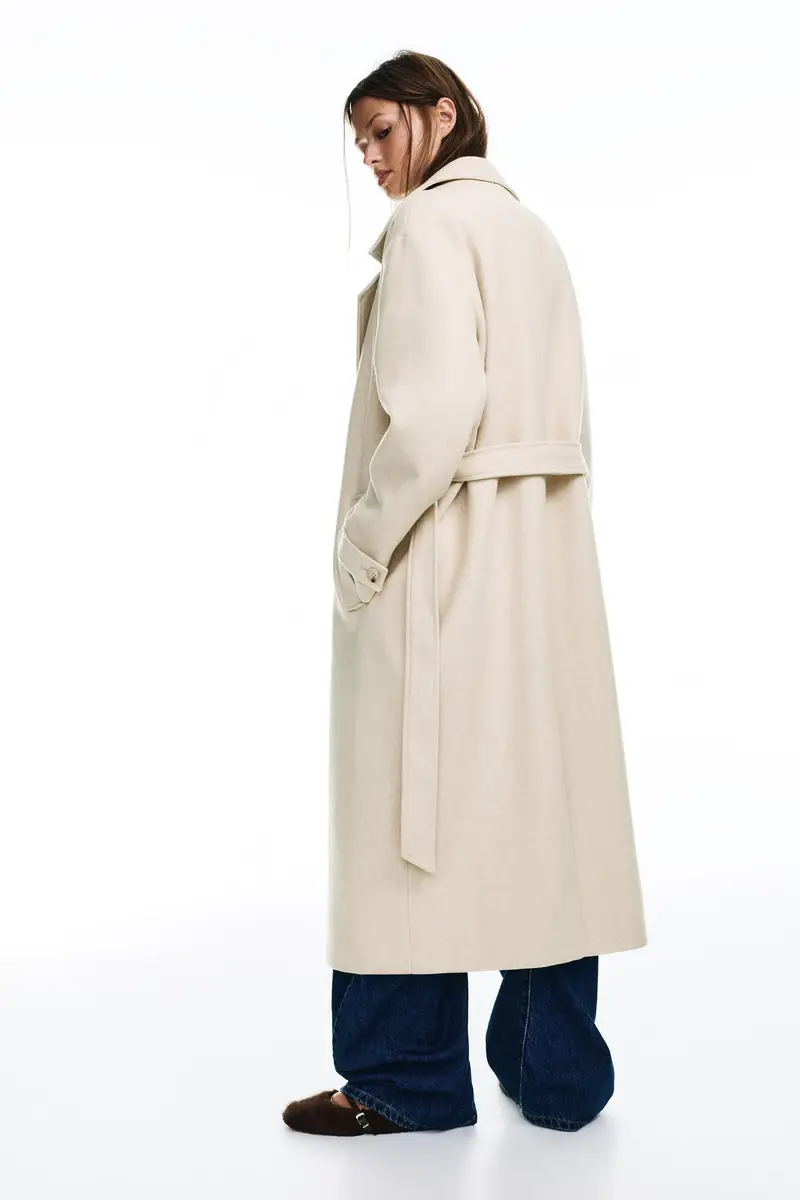 Cappotto Lungo In Panno Con Cintura Beige miniatura 2