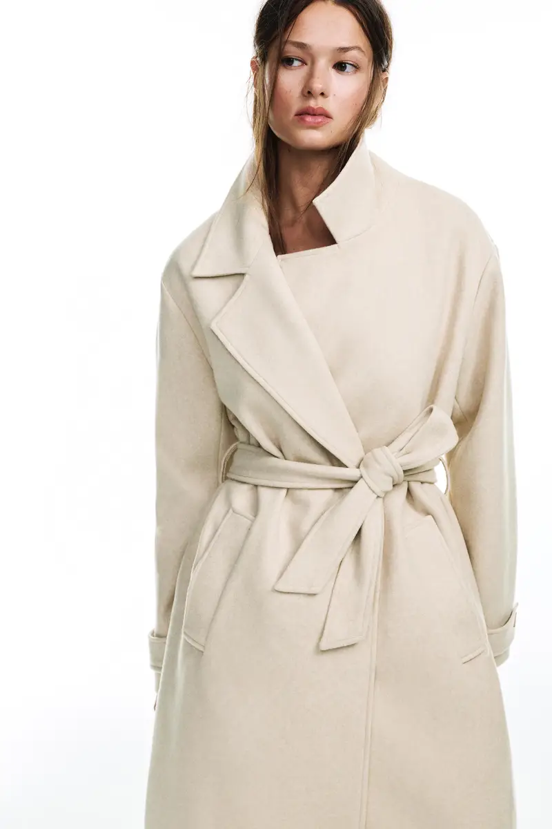 Cappotto Lungo In Panno Con Cintura Beige miniatura 3