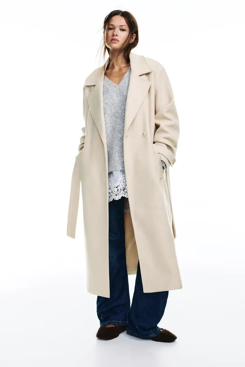 Cappotto Lungo In Panno Con Cintura Beige