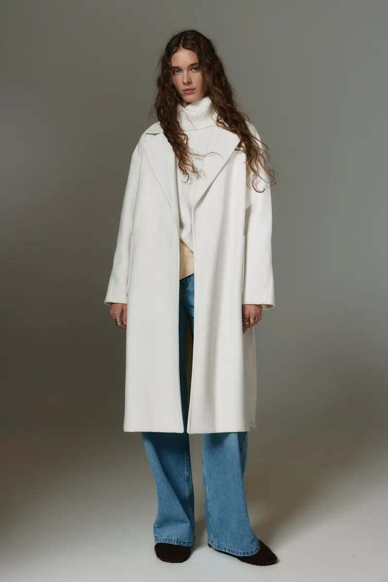 Cappotto Lungo In Panno Con Cintura Beige