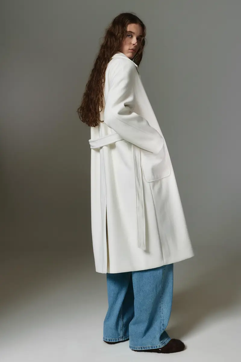 Cappotto Lungo In Panno Con Cintura Beige miniatura 2