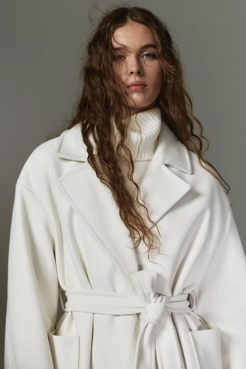 Cappotto Lungo In Panno Con Cintura Beige miniatura 3