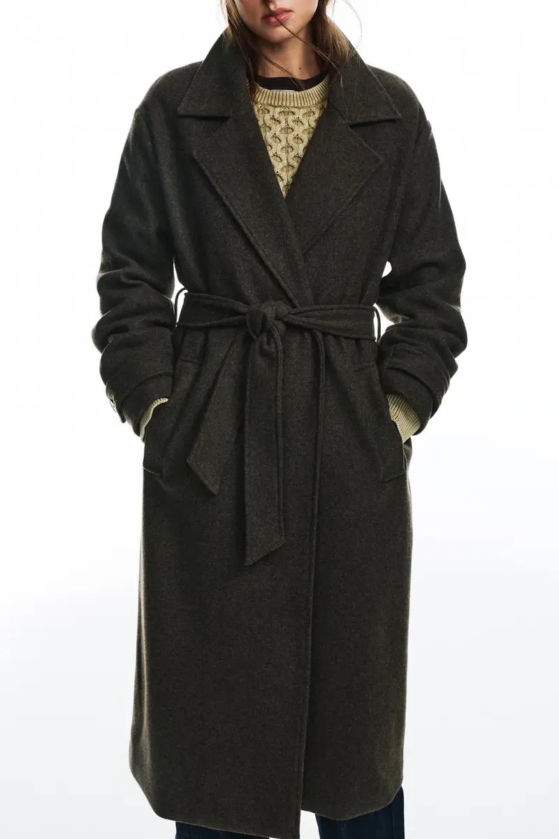 Cappotto Lungo In Panno Con Cintura Marrone vigoré miniatura 3