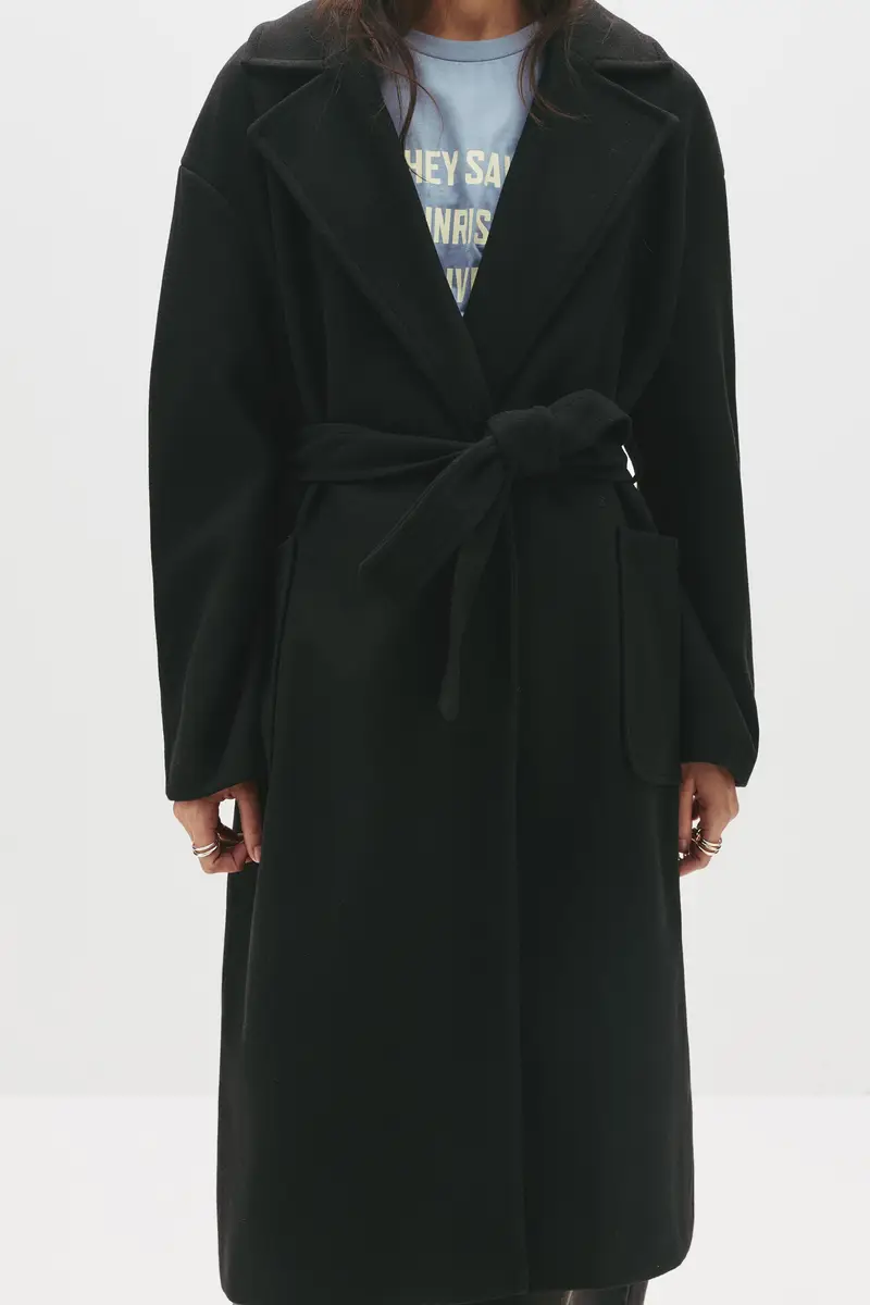 Cappotto Lungo In Panno Con Cintura Nero miniatura 3