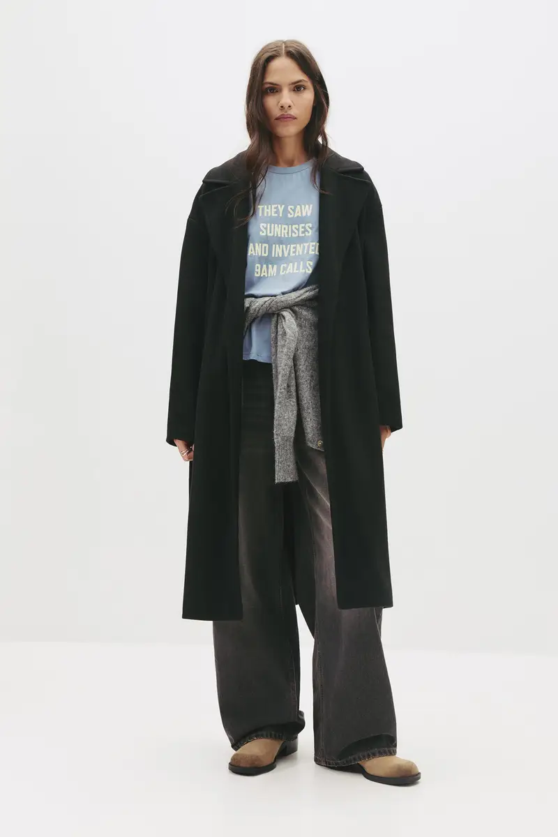 Cappotto Lungo In Panno Con Cintura Nero