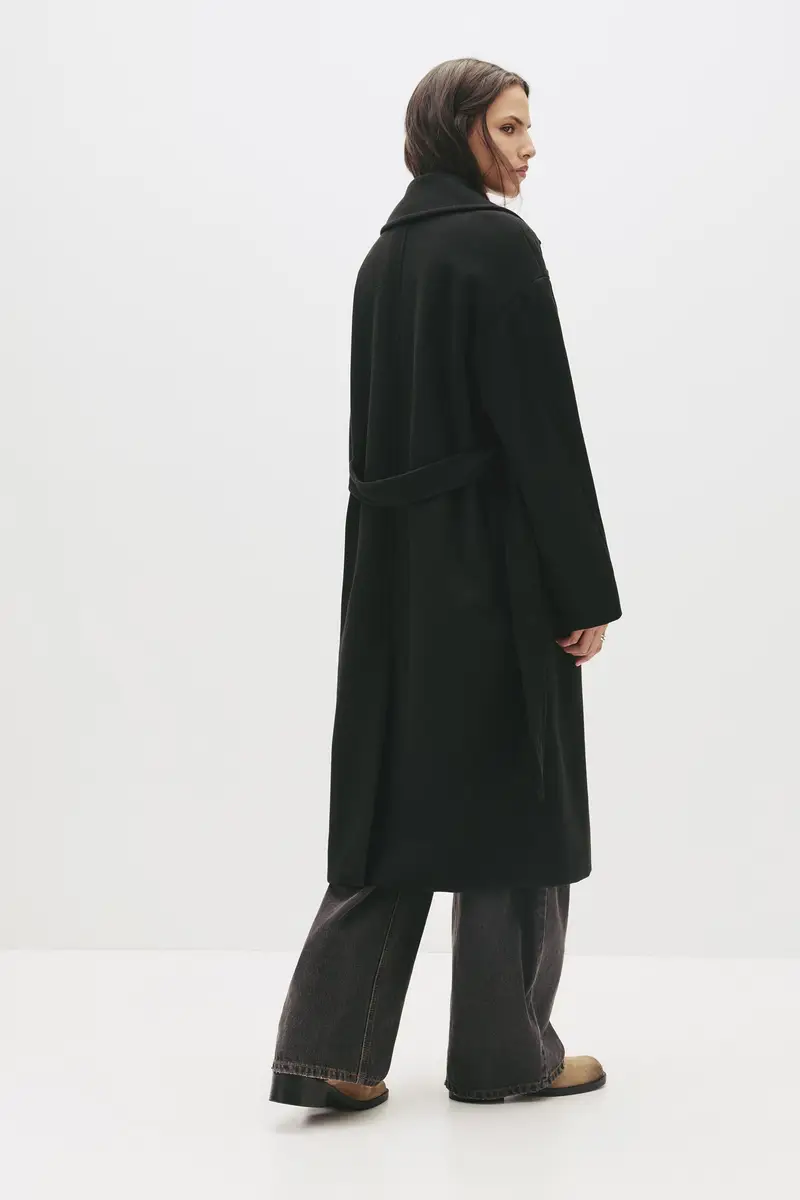 Cappotto Lungo In Panno Con Cintura Nero miniatura 2