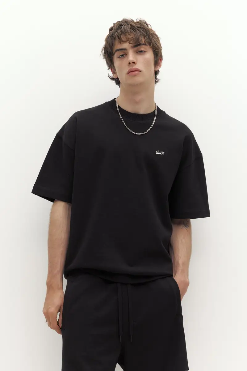 Felpa A Maniche Corte Con Logo Nero miniatura 2