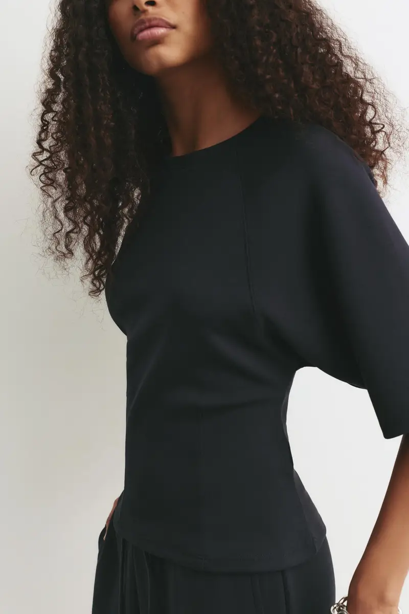 Felpa A Maniche Corte Con Modal Nero miniatura 3