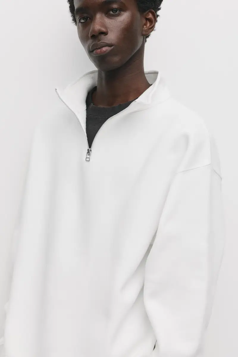 Felpa Basic Con Collo A Cerniera Bianco rotto miniatura 3