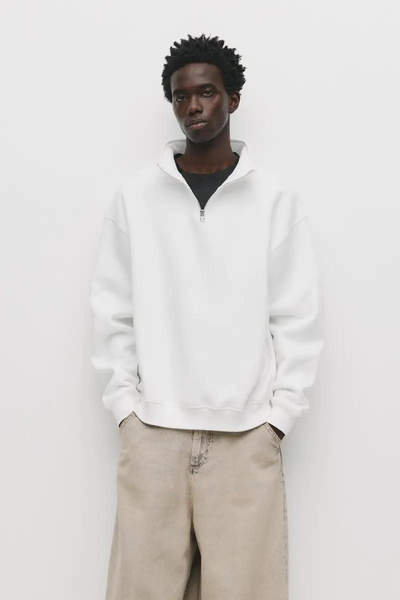 Felpa Basic Con Collo A Cerniera Bianco rotto