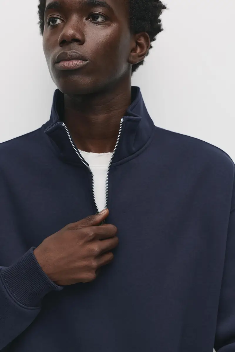 Felpa Basic Con Collo A Cerniera Blu marino miniatura 3