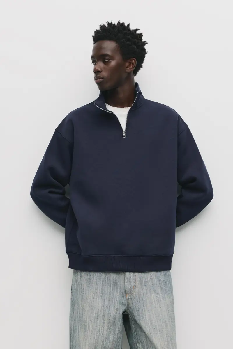 Felpa Basic Con Collo A Cerniera Blu marino