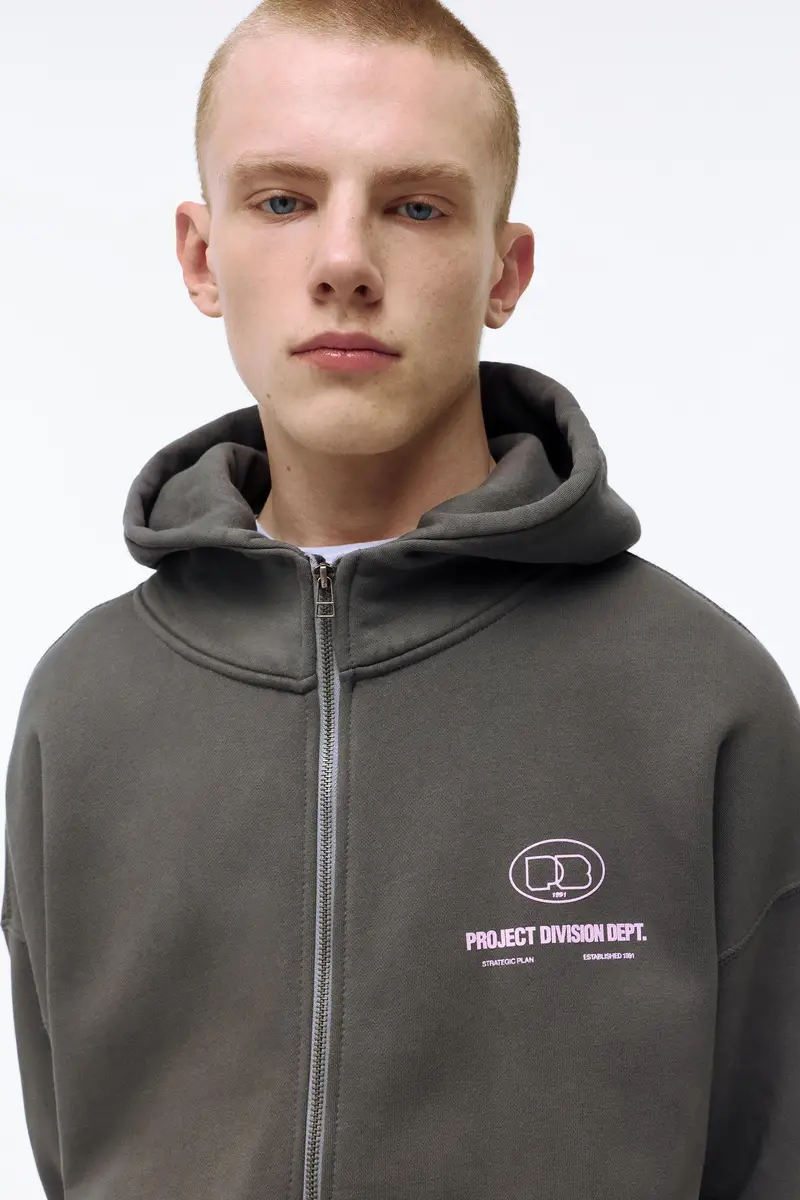 Felpa Boxy Con Cappuccio E Cerniera Grigio miniatura 3