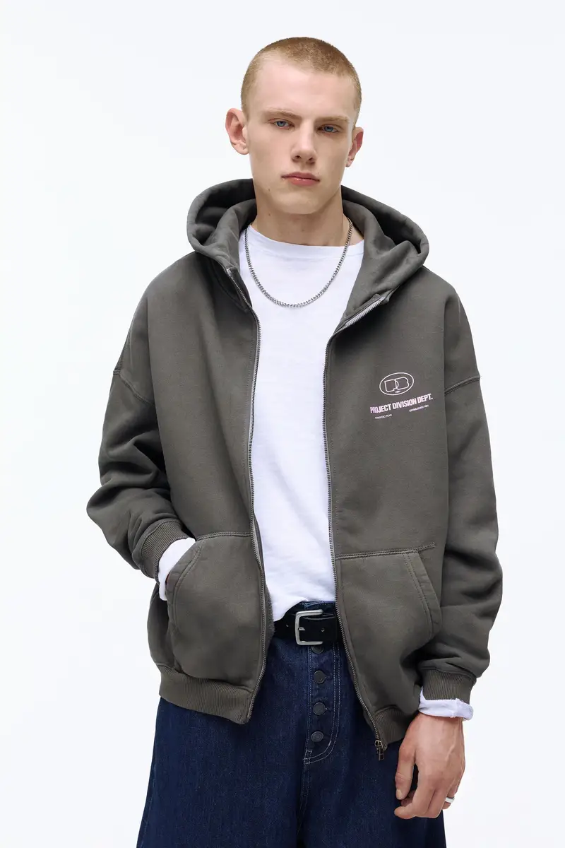 Felpa Boxy Con Cappuccio E Cerniera Grigio