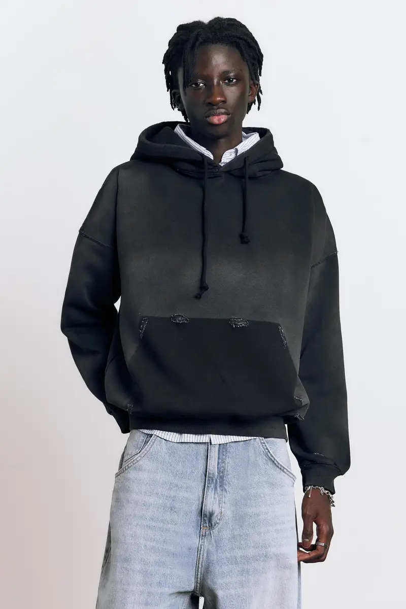 Felpa Cappuccio Finitura Delavé Nero miniatura 2