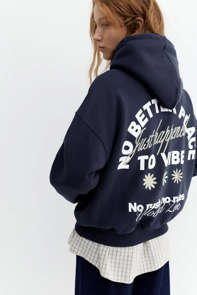 Felpa Cappuccio Grafica Ricamata Azzurro tinta miniatura 3