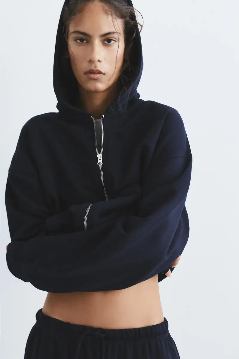 Felpa Con Cappuccio E Cerniera Blu marino miniatura 2