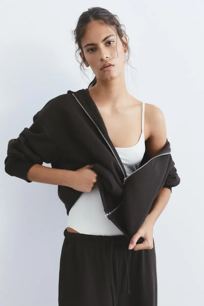 Felpa Con Cappuccio E Cerniera Marrone