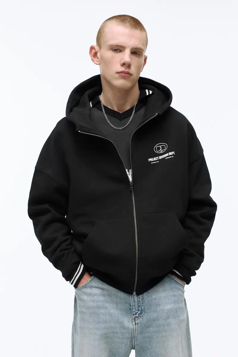 Felpa Con Cappuccio E Cerniera Nero miniatura 2