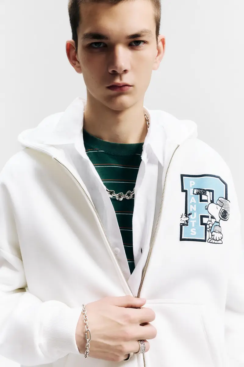 Felpa Con Cappuccio E Cerniera Peanuts Bianco rotto miniatura 3