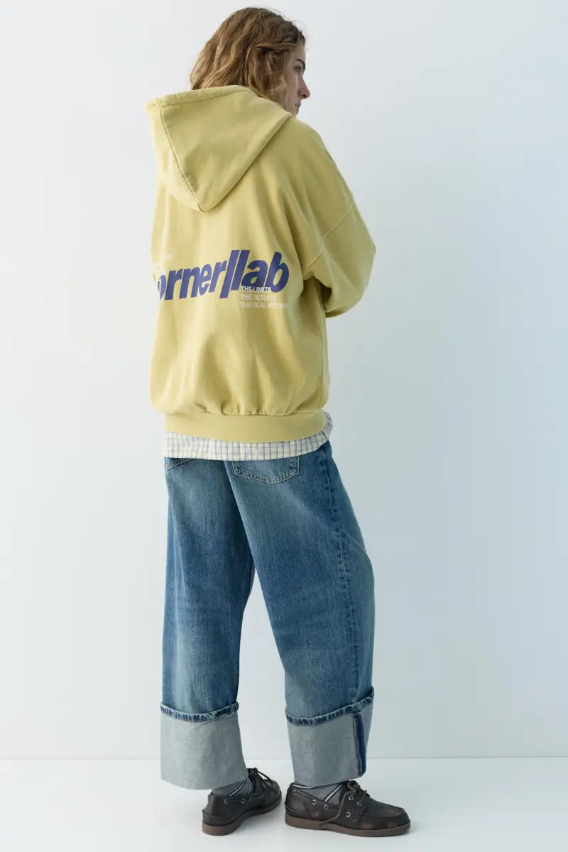 Felpa Con Cappuccio Gialla E Grafica Giallo limone miniatura 3