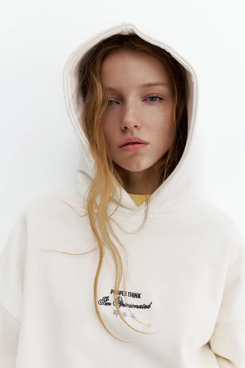 Felpa Con Cappuccio, Stelle Ricamate Bianco rotto miniatura 3