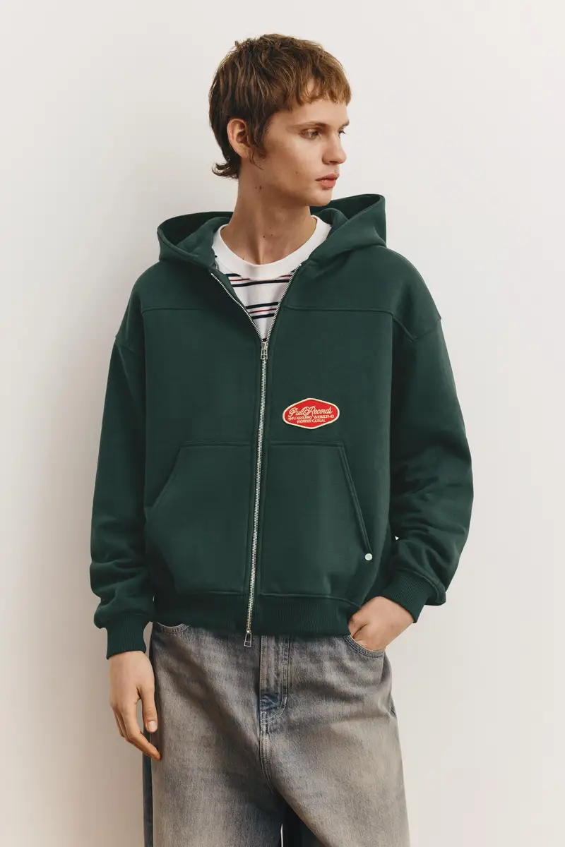 Felpa Con Cappuccio, Zip E Patch Verde bottiglia
