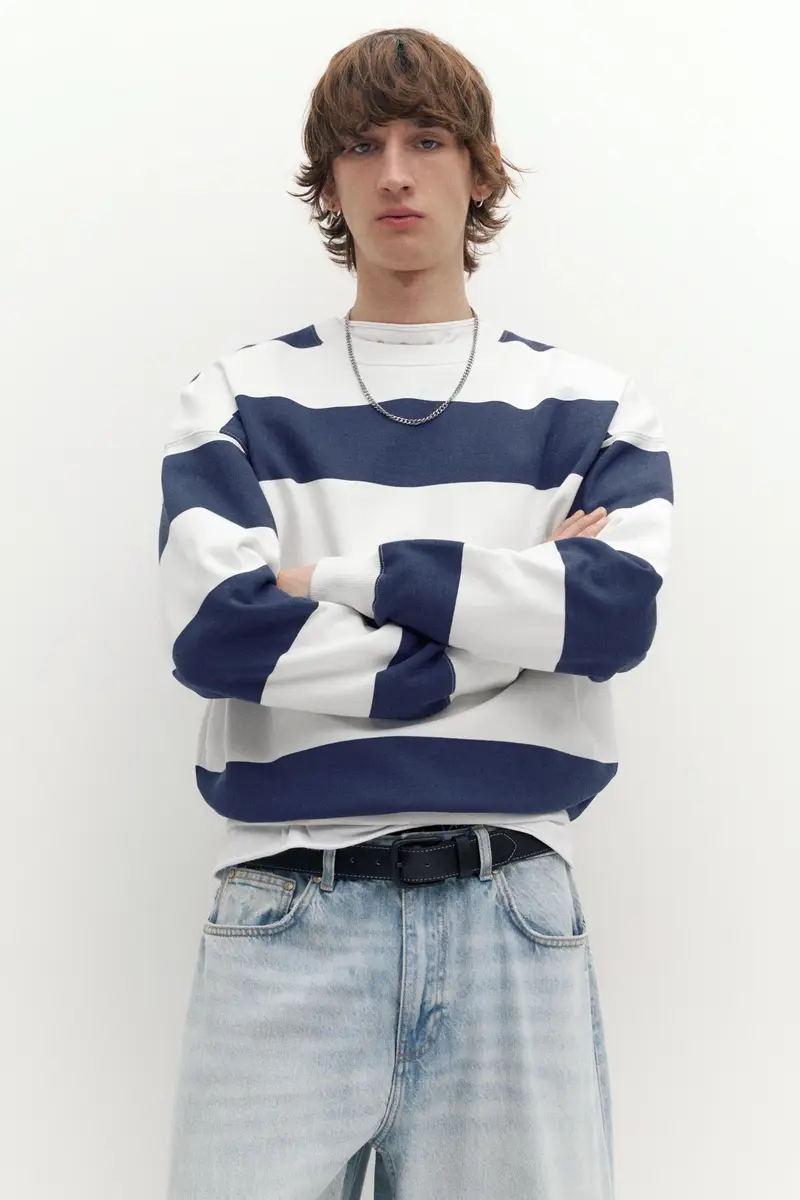 Felpa Girocollo A Righe Azzurro miniatura 2