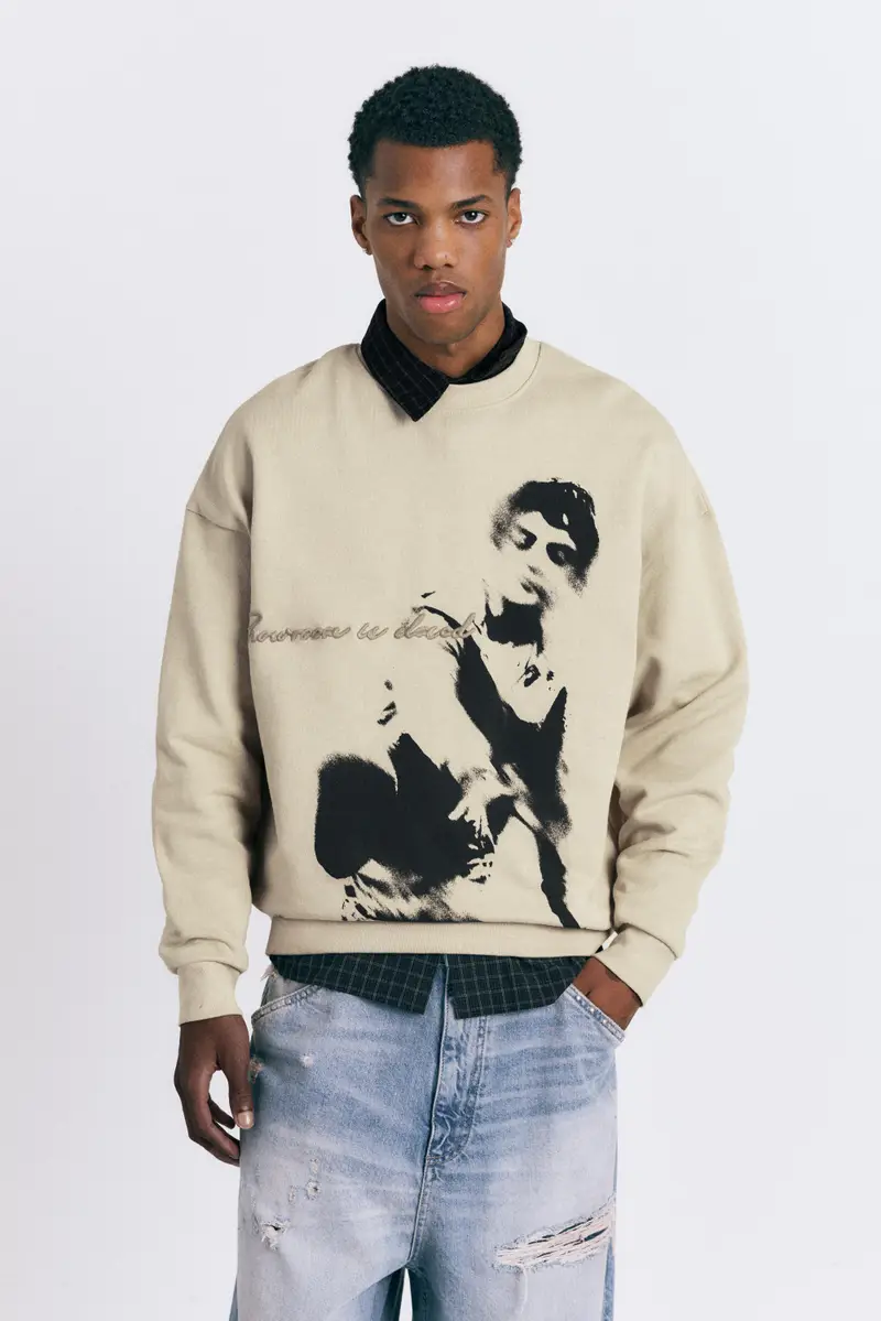 Felpa Girocollo Grafica Beige miniatura 2