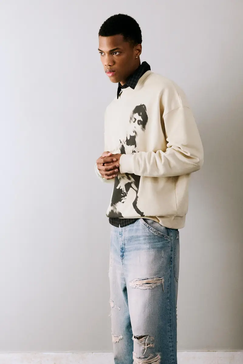 Felpa Girocollo Grafica Beige