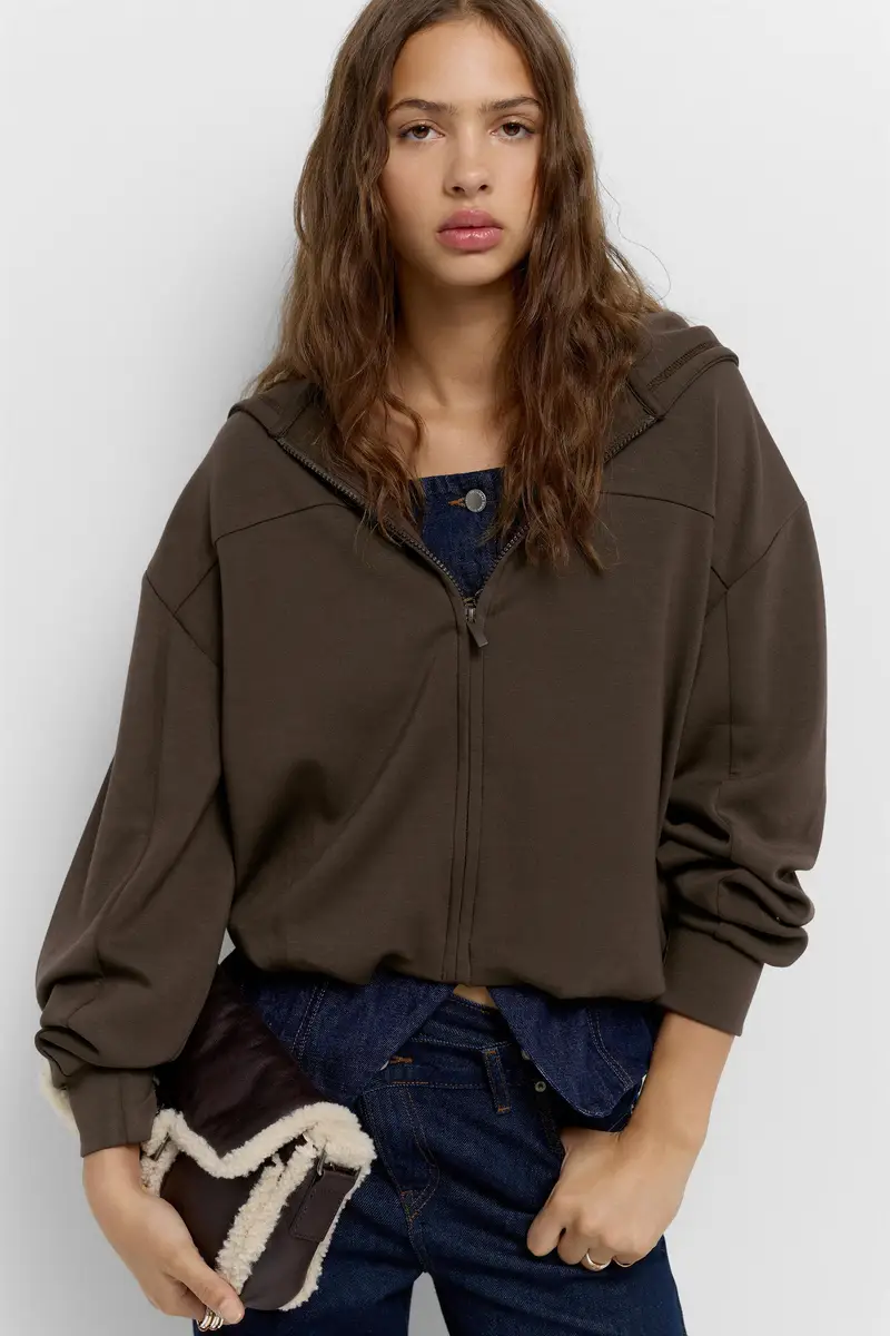 Felpa In Modal Con Cappuccio Marrone miniatura 3