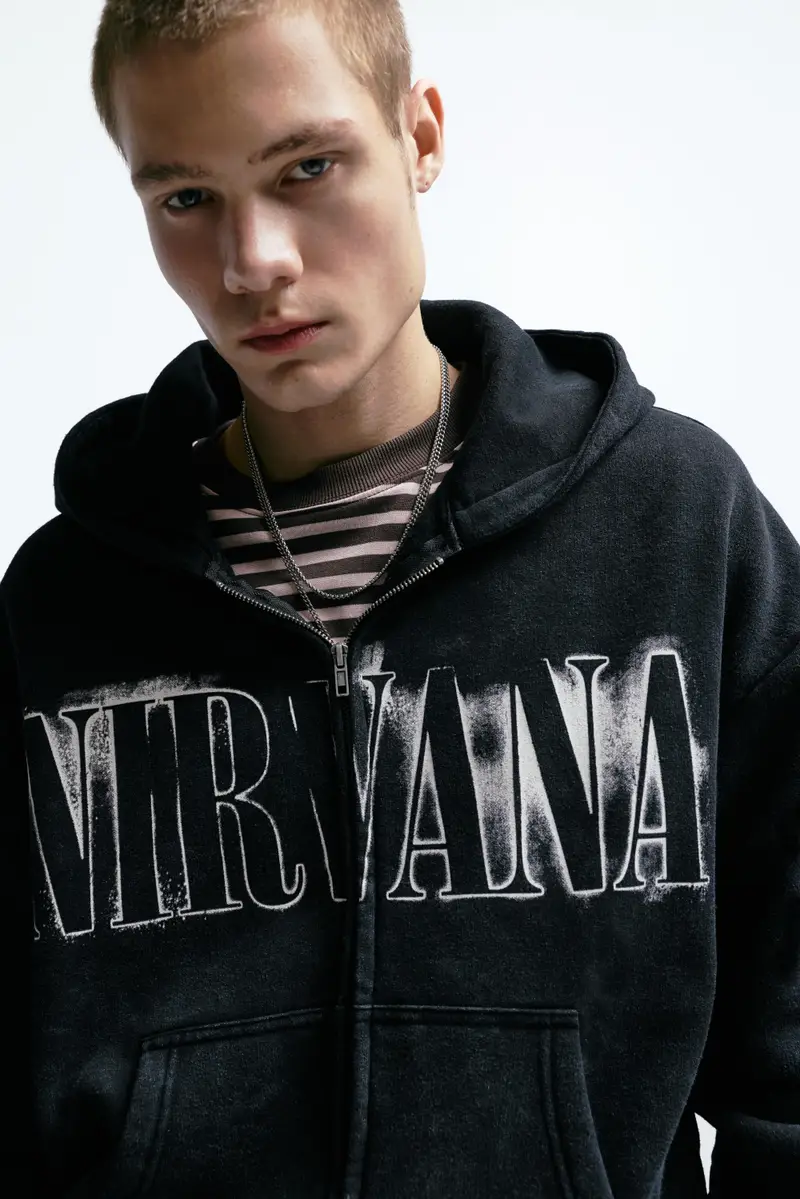 Felpa Nirvana Con Cappuccio E Cerniera Grigio chiaro miniatura 3