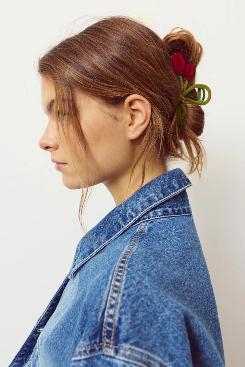 Fermaglio Per Capelli A Fiore In Velluto Granata chiaro miniatura 2