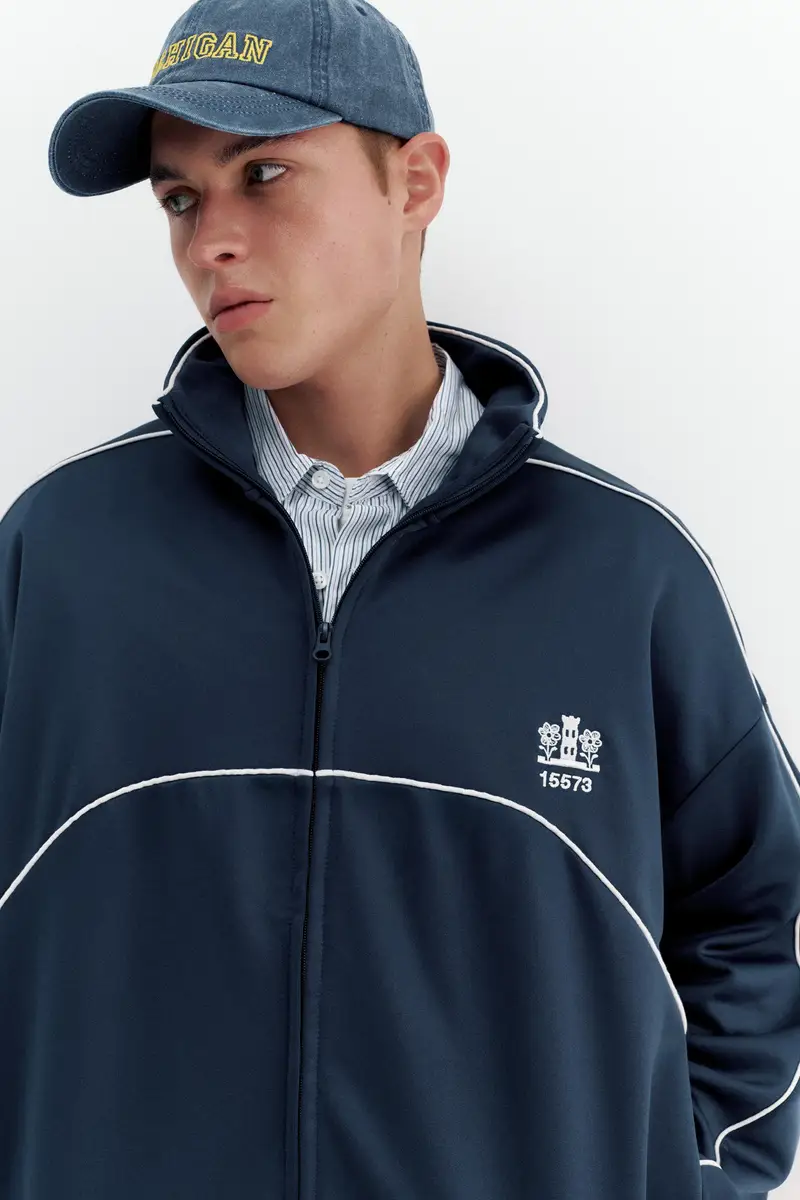 Giacca Con Cerniera Ricamata Blu marino miniatura 3