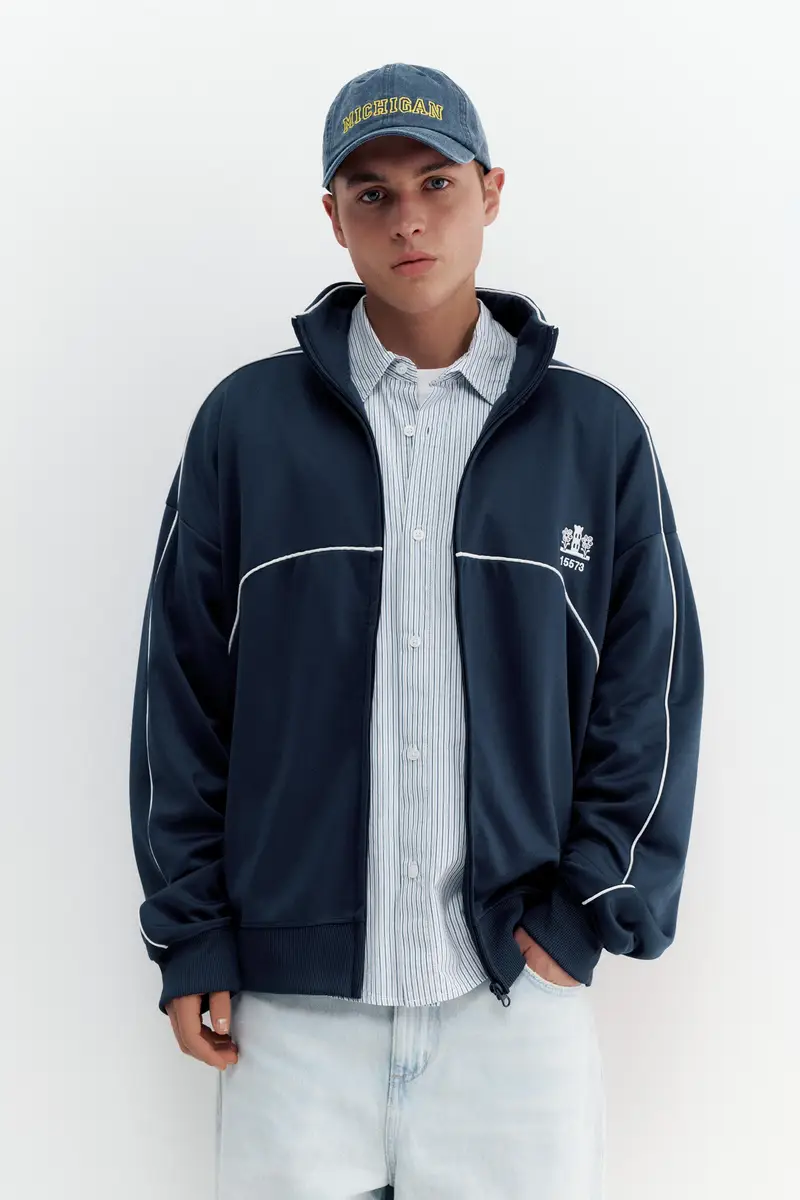 Giacca Con Cerniera Ricamata Blu marino