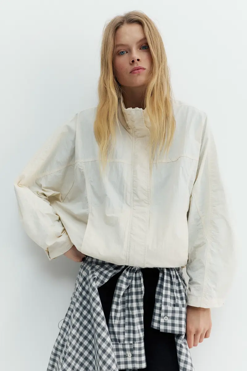 Giacca Corta Collo Alto Beige miniatura 2