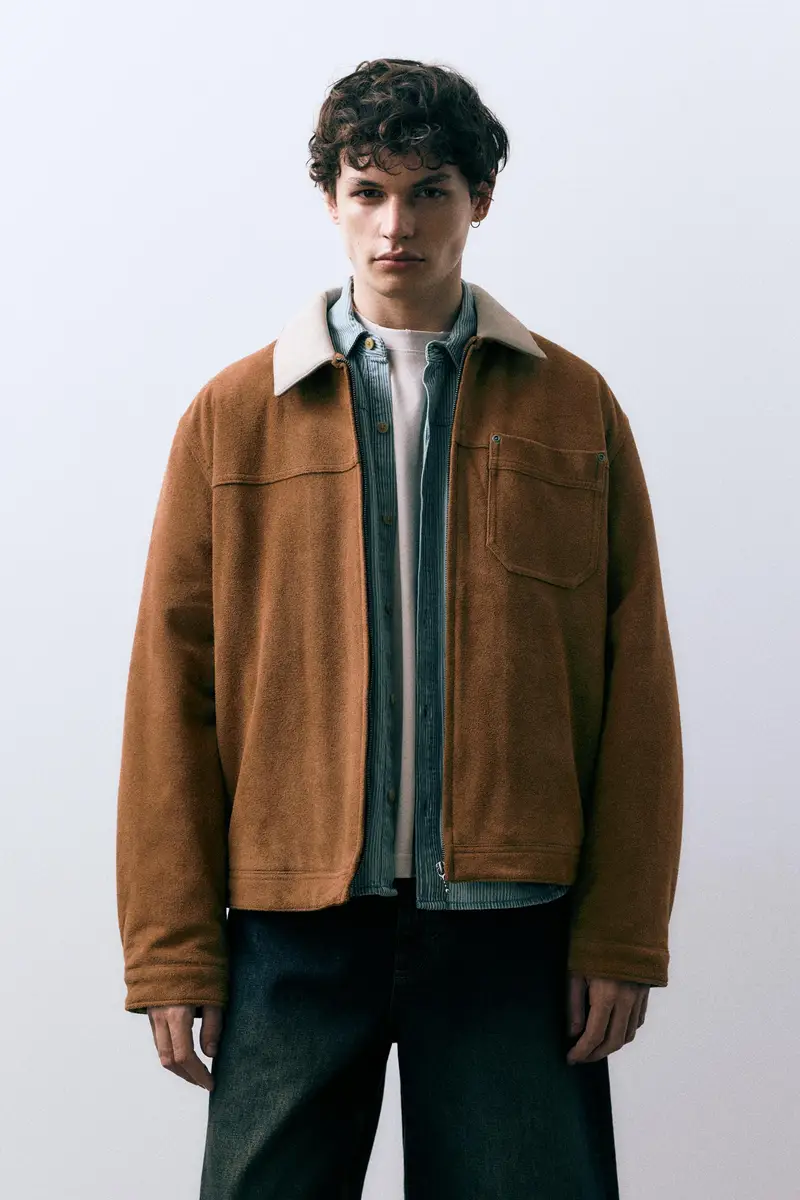 Giacca Effetto Camoscio Collo A Contrasto Marrone miniatura 2