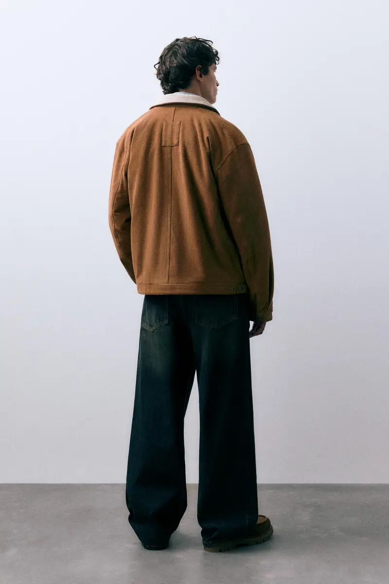 Giacca Effetto Camoscio Collo A Contrasto Marrone miniatura 3