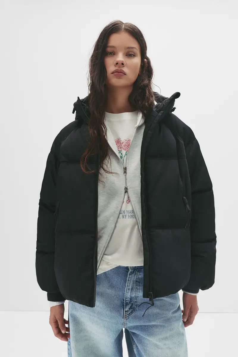 Giacca Imbottita Con Cappuccio Nero miniatura 2