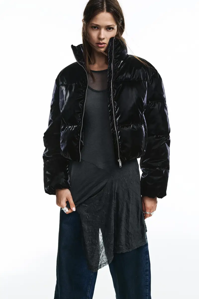 Giacca Imbottita Finitura Lucida Nero miniatura 3