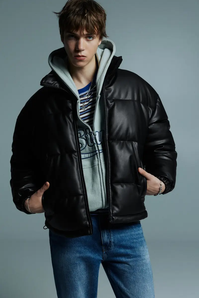 Giacca Imbottita Finta Pelle Nero