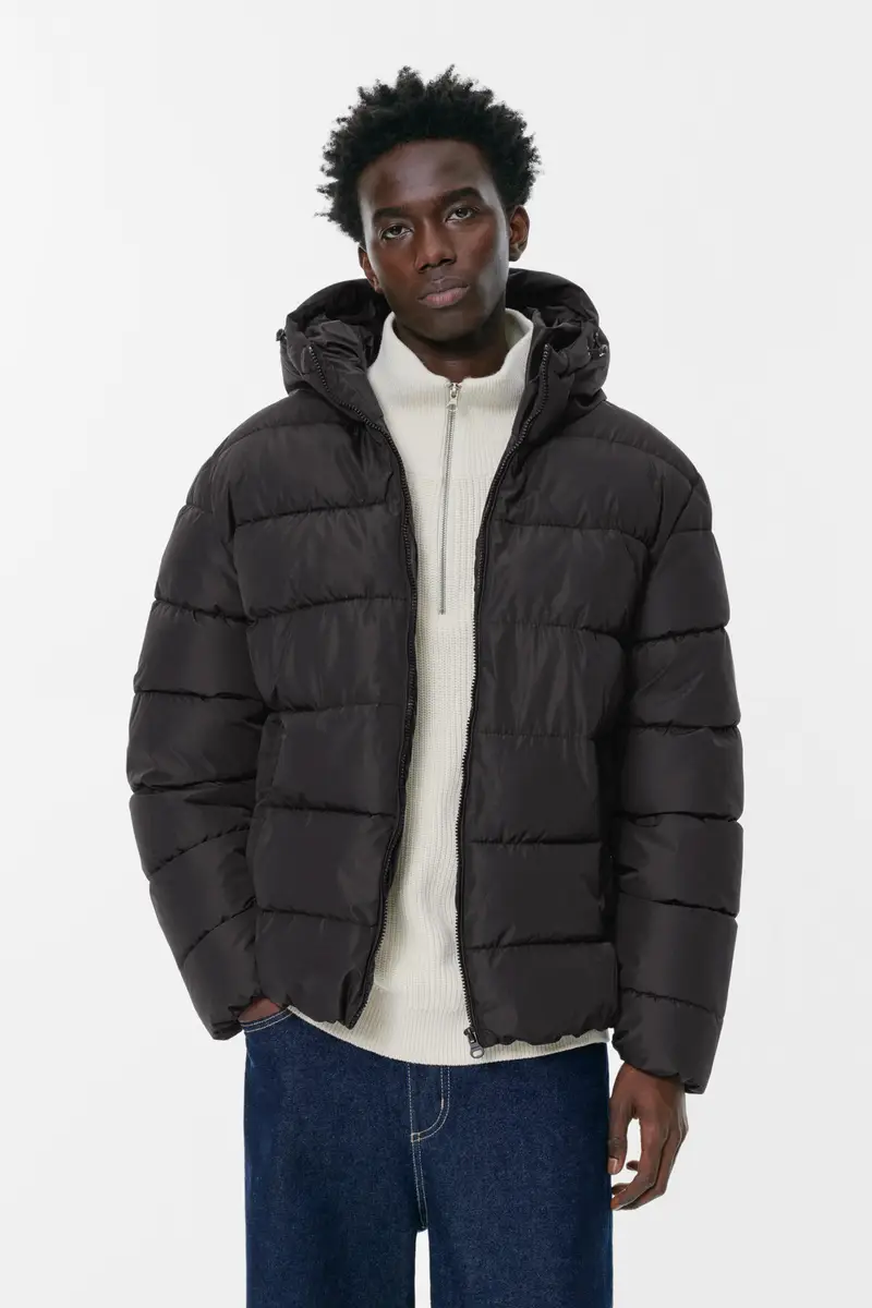 Giacca Imbottita Leggera Con Cappuccio Nero