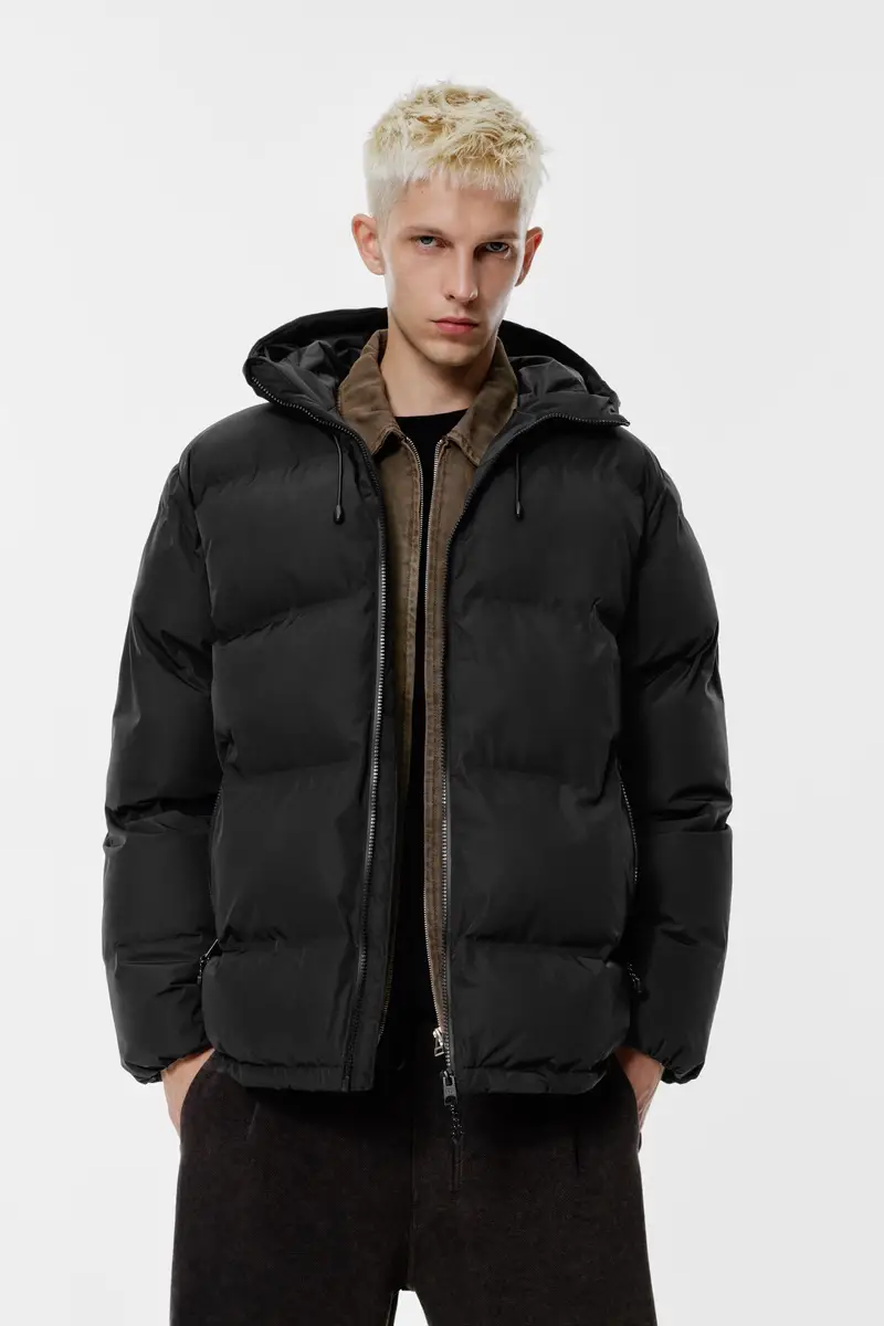 Giacca Imbottita Termosaldata Con Cappuccio Nero