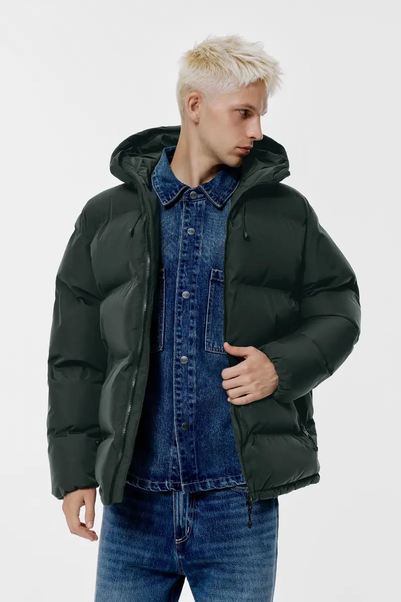 Giacca Imbottita Termosaldata Con Cappuccio Verde bottiglia