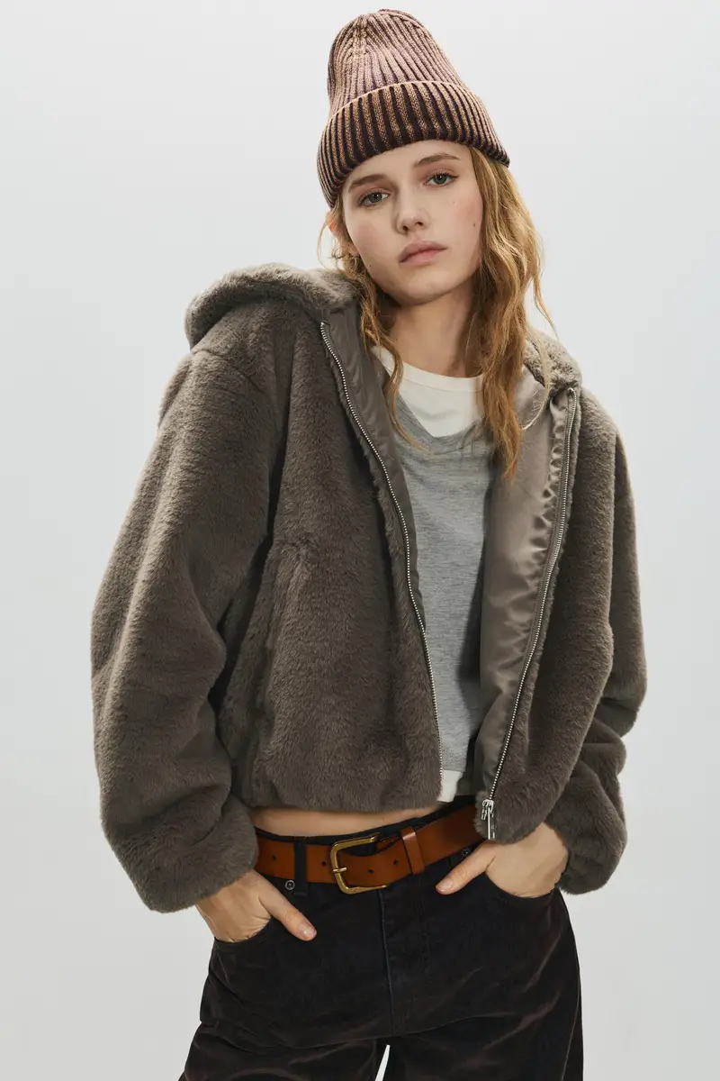 Giacca Pelliccia Sintetica Cappuccio Acciaio