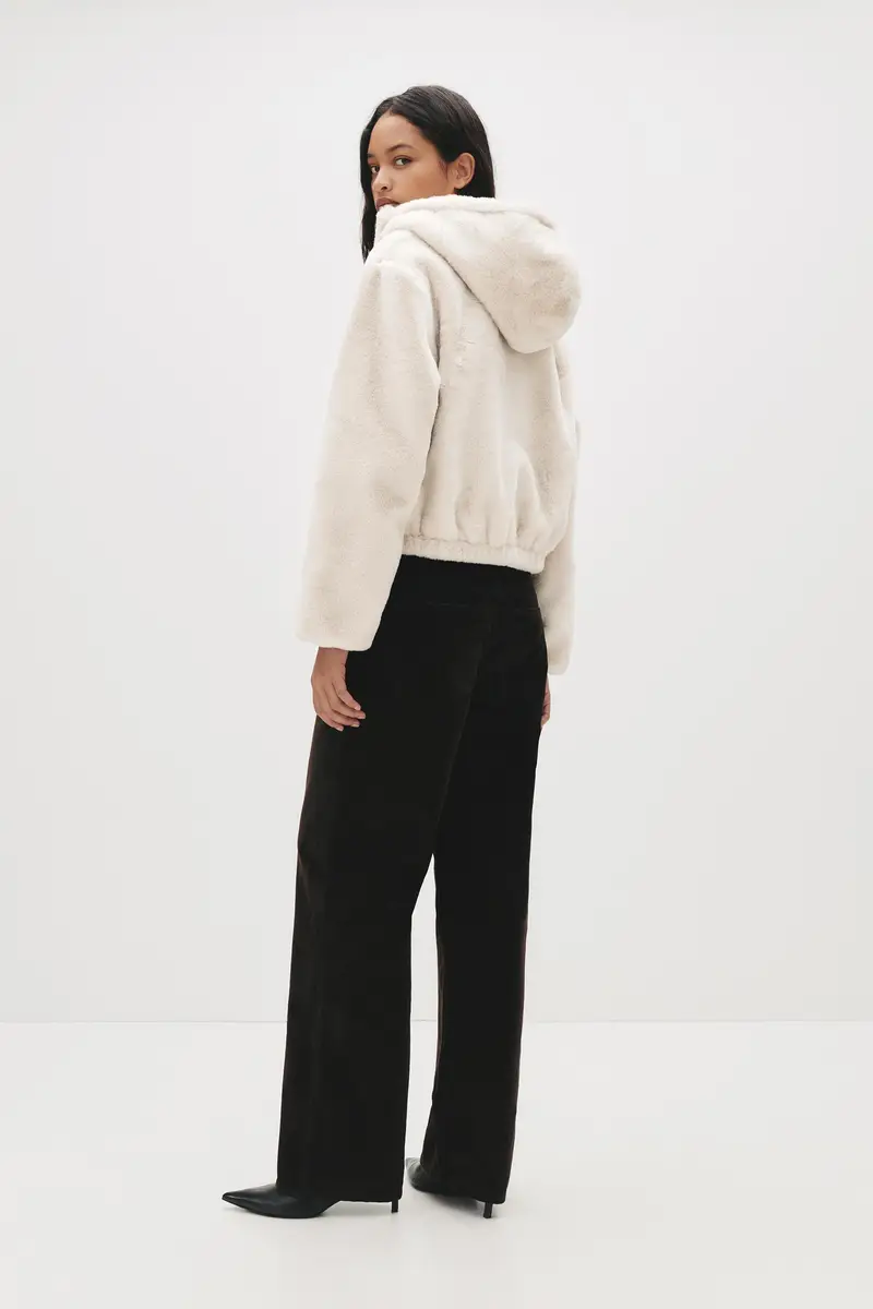 Giacca Pelliccia Sintetica Cappuccio Beige miniatura 2