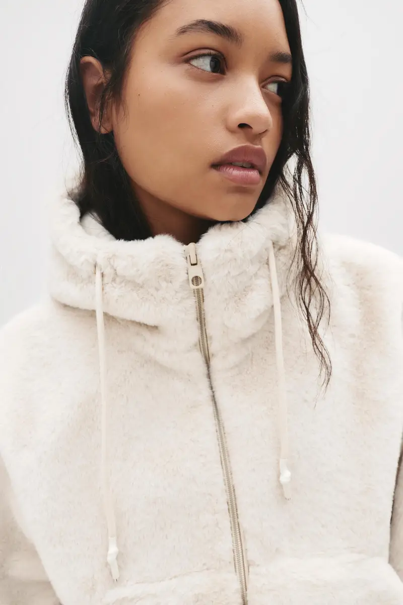 Giacca Pelliccia Sintetica Cappuccio Beige miniatura 3