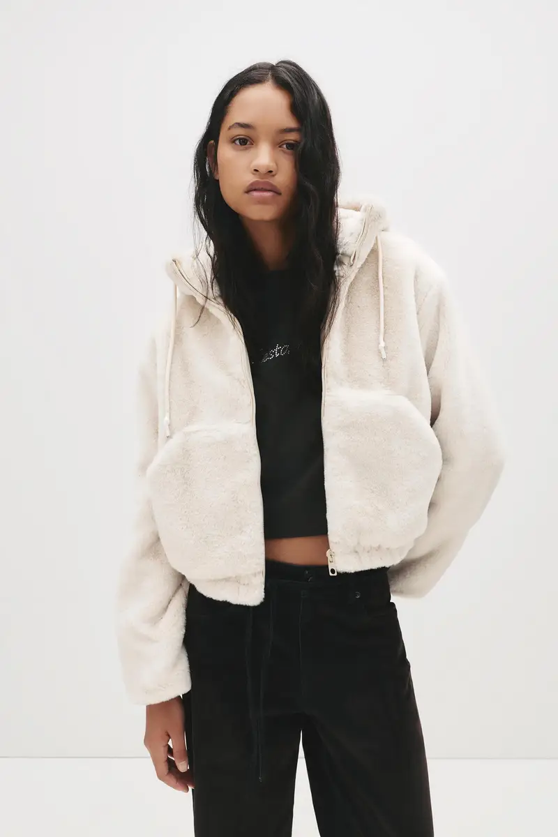 Giacca Pelliccia Sintetica Cappuccio Beige